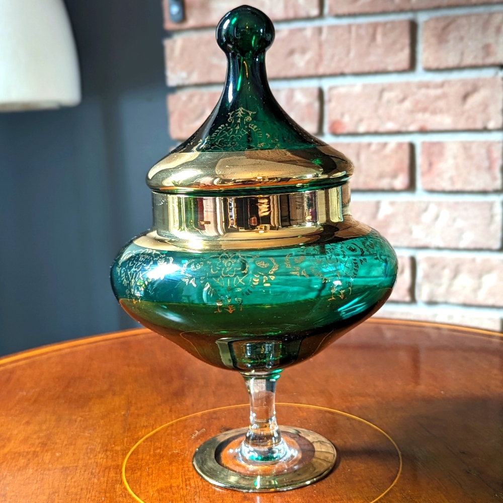 Elegant Vintage Bohemian Emerald Green and Gold Apothecary Jar / Candy Dish